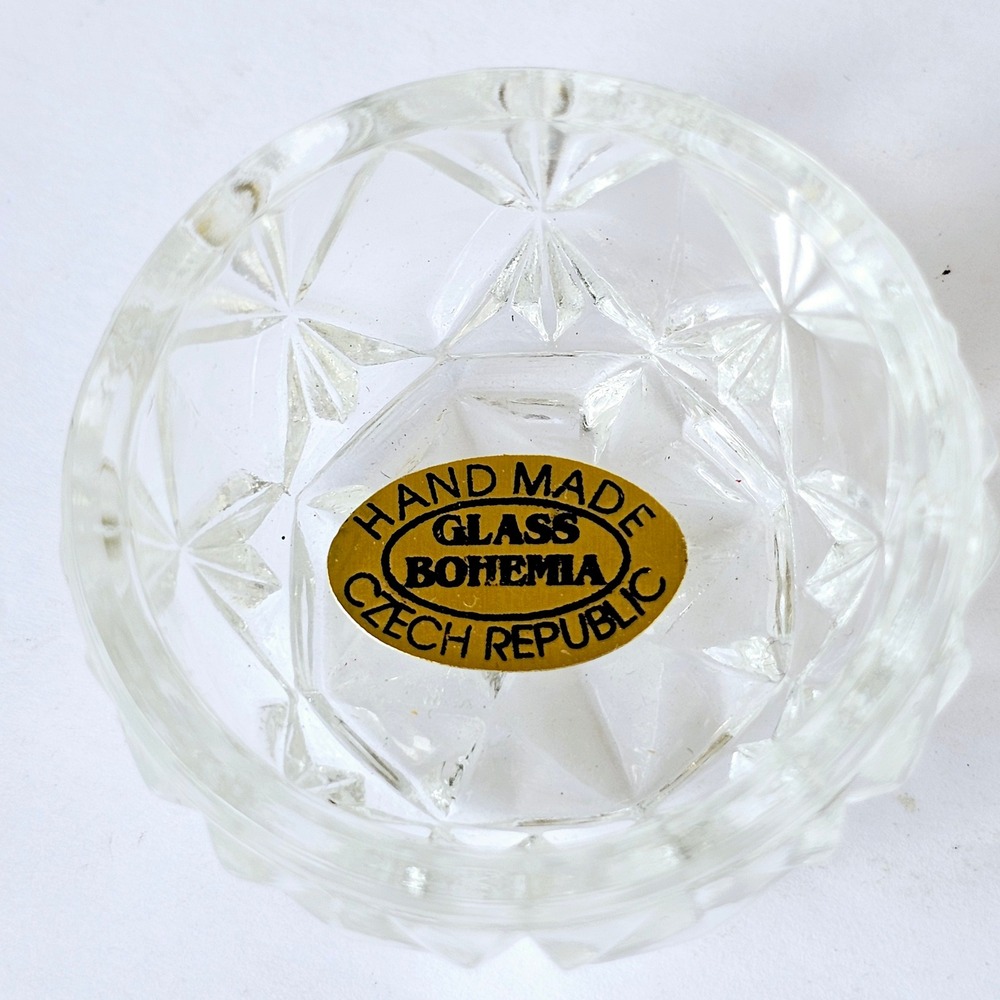 Vintage Bohemia Glass Crystal Salt Cellar Handmade Czech Republic Starburst Mini